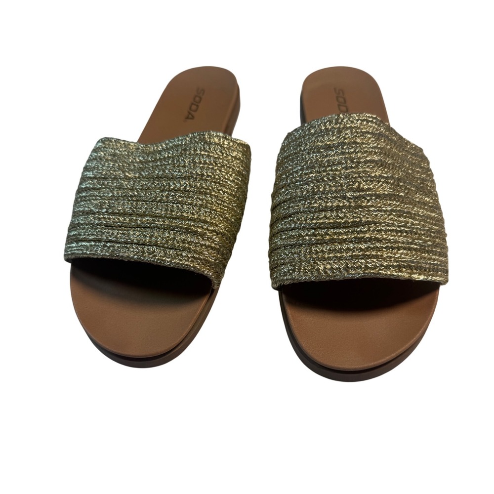 Soda Slide Sandals Women Size 9 Gold Metallic Woven Strap Flat Summer Shoes